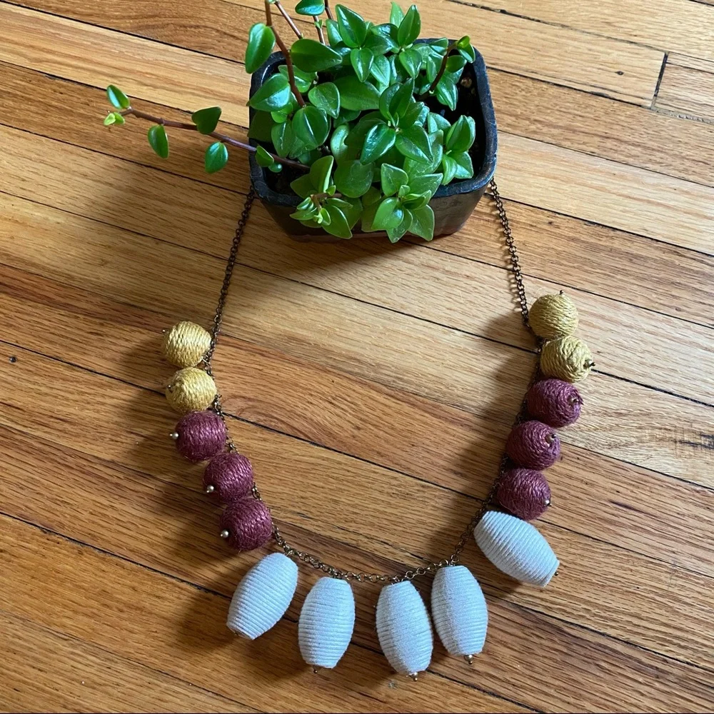 Anthropologie Woven Bead Brass Chain Necklace, Twine, Handmade
